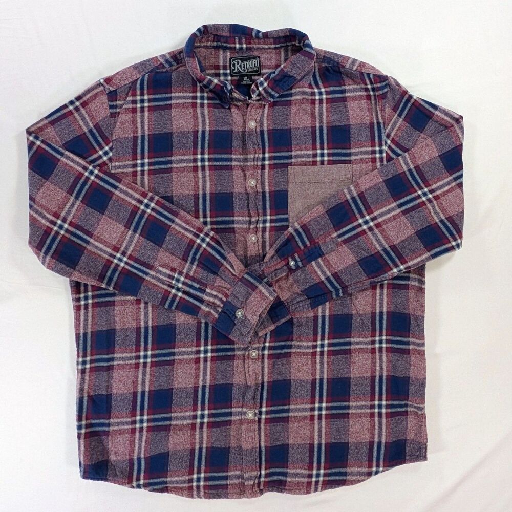 Retrofit Mens Flannel Long Sleeve Blue Maroon Plaid Button Up Shirt Size XL